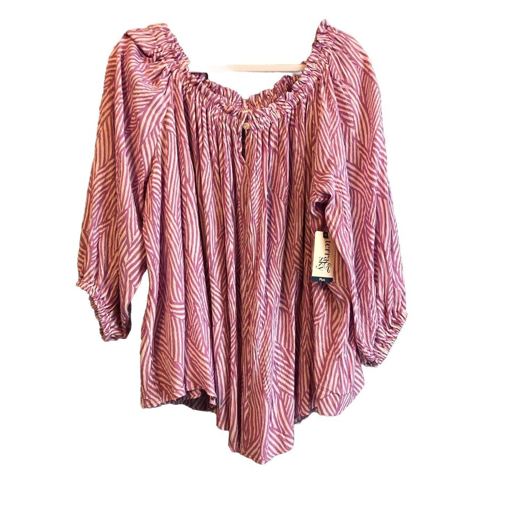 Terra & Sky Womens Tunic Top 0X 3/4 Sleeve‎ Violet Pink Patchwork Boho Cottage